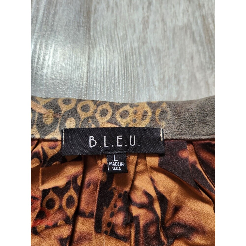 B.L.E.U Tan Green Suede Crop Jacket Rhinestones Abstract Art Lined Sz L GUC - Picture 5 of 13